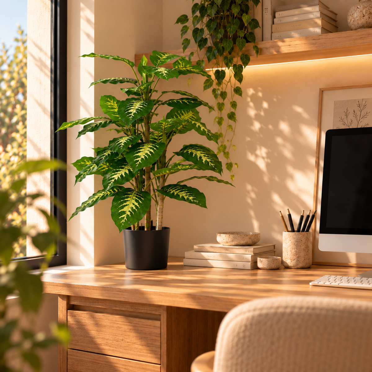 Dieffenbachia artificiel de 95 cm dans un bureau