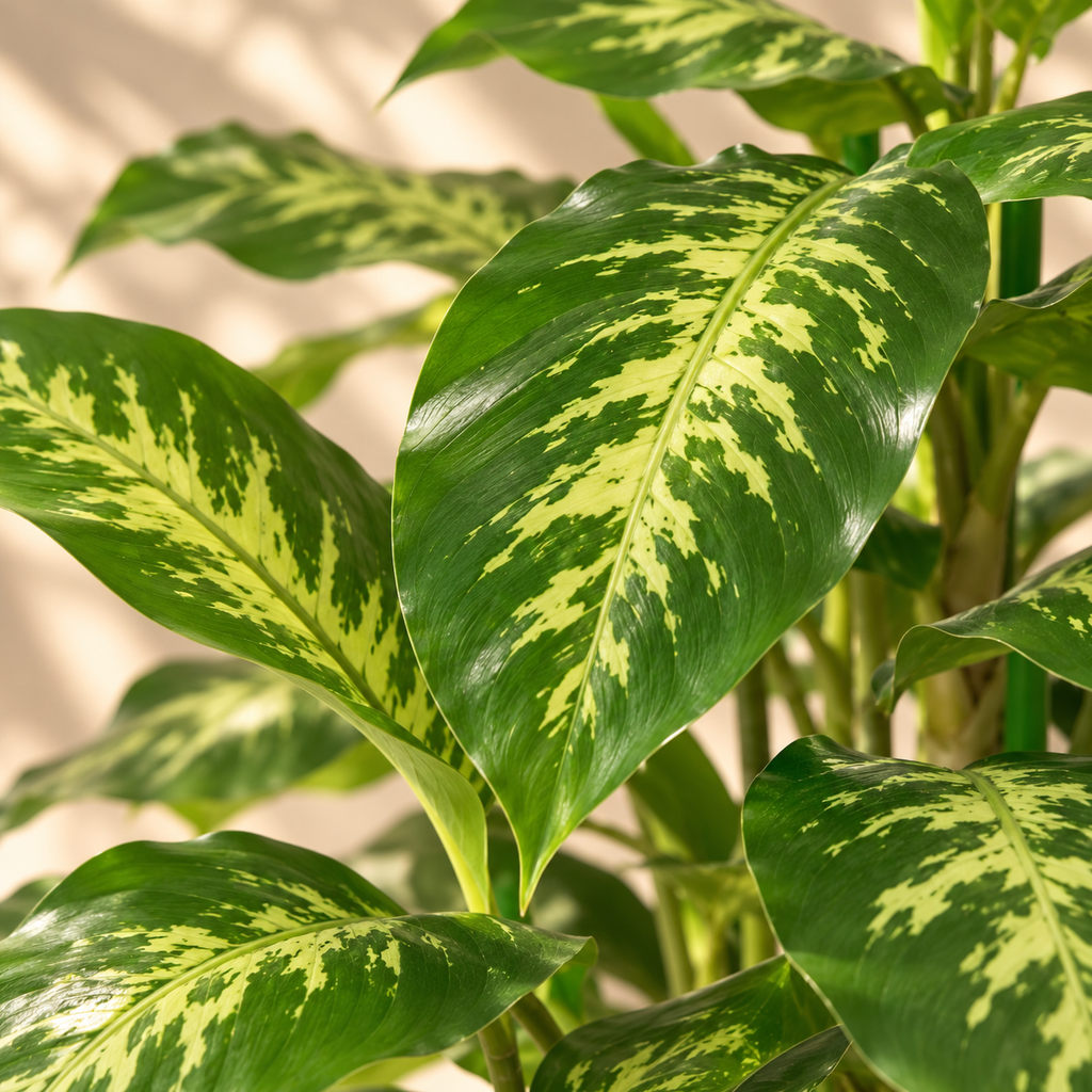 Gros plan sur le feuillage panaché du dieffenbachia artificiel 95 cm