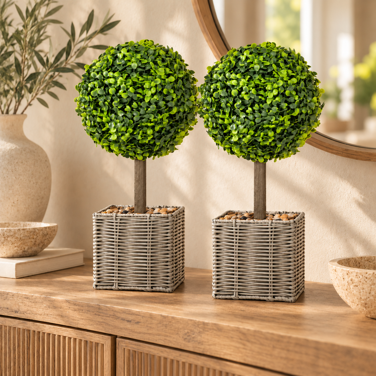 Deux buis boules artificiels sur une console en bois