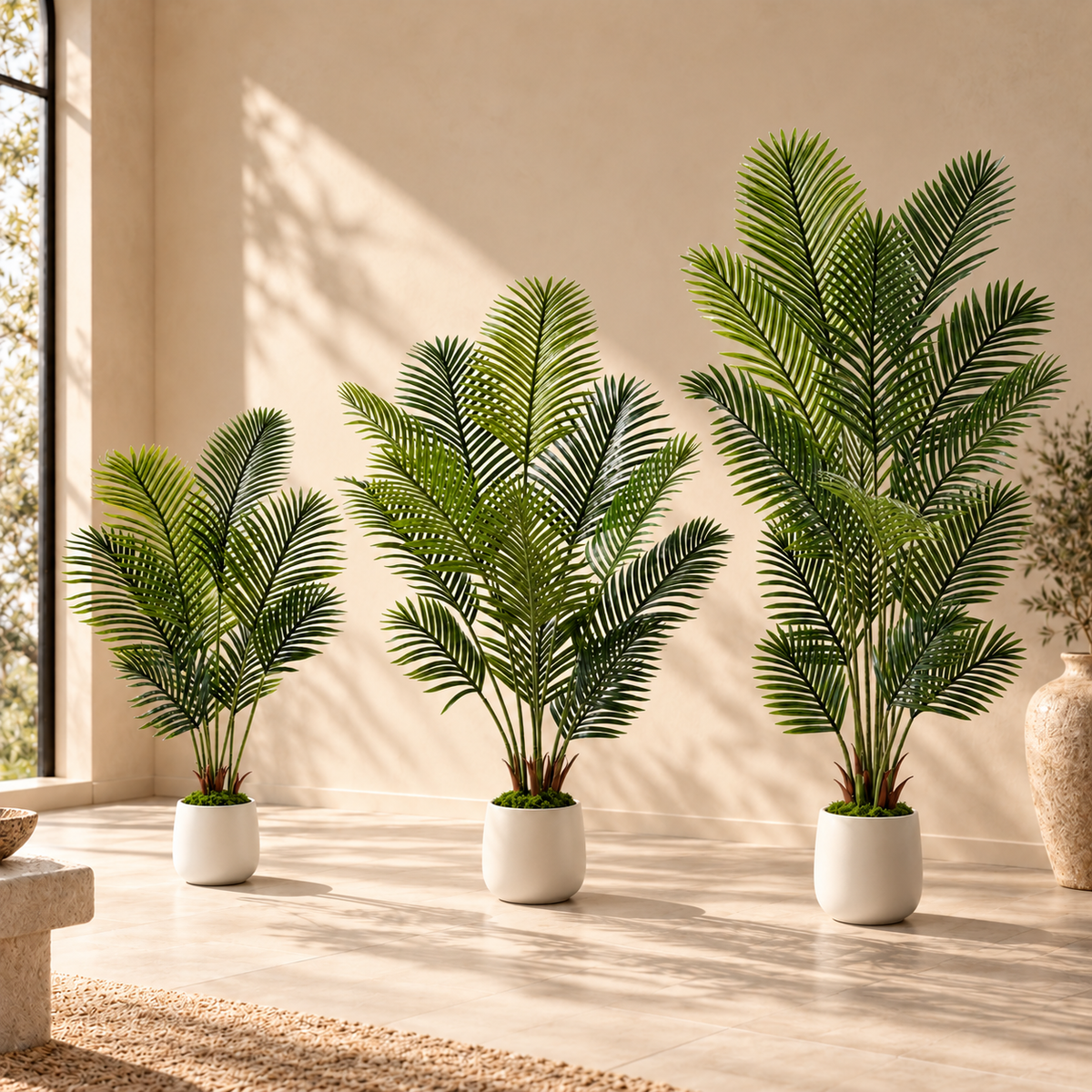 Trois palmiers artificiels dans un intérieur lumineux